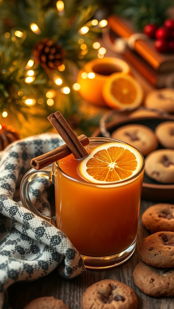 Warm Christmas Spiced Apple Cider Recipe A warm mug of spiced apple cider with cinnamon and orange, surrounded by Christmas decorations.